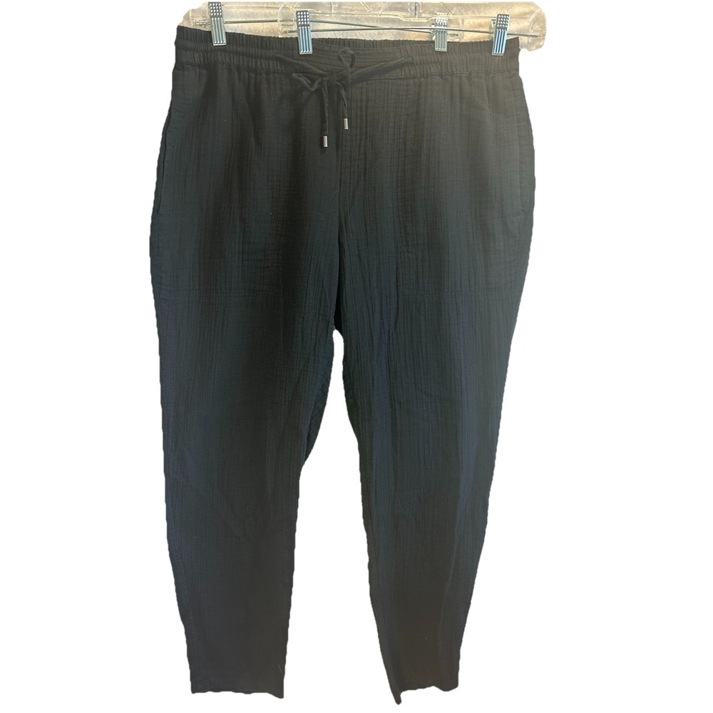 Eileen Fisher Jogger Pants Large Black Organic Crinkle Cotton Drawstring Pullon